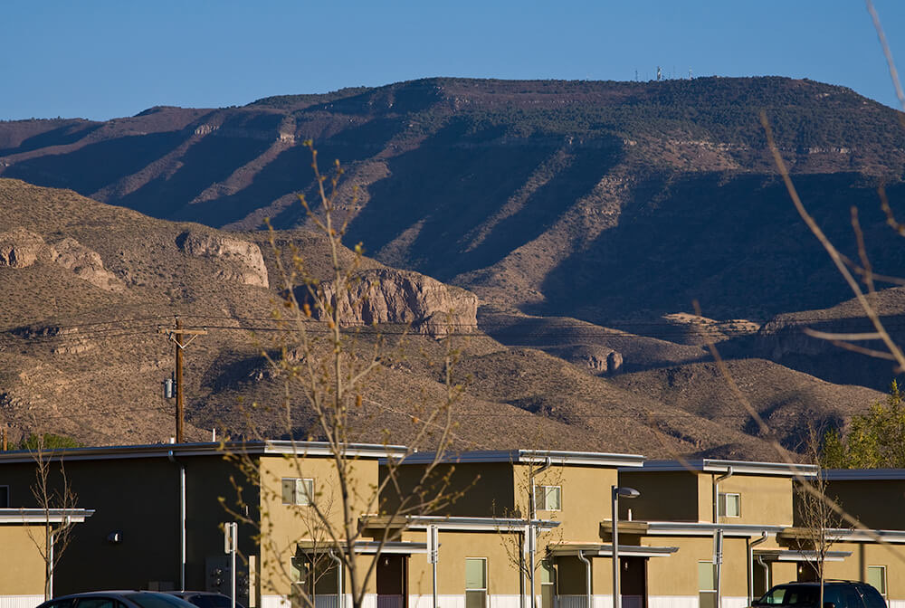 Apartment homes at Cottonwood Commons with the Sacramento Mountains behind, Alamogordo NM